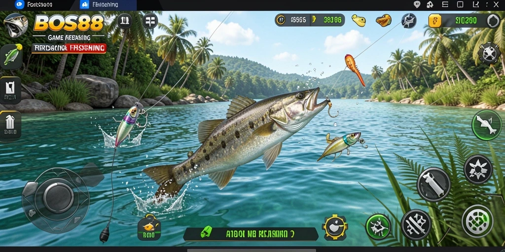 Screenshot gameplay BOS88 menampilkan aksi seru memancing di berbagai lokasi.