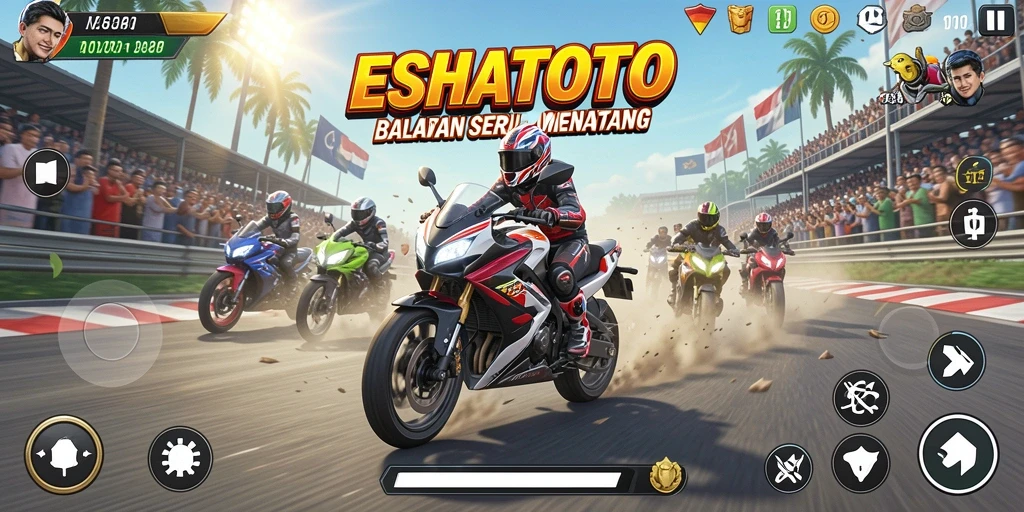 Gameplay ESHATOTO menampilkan aksi balapan motor yang mendebarkan.