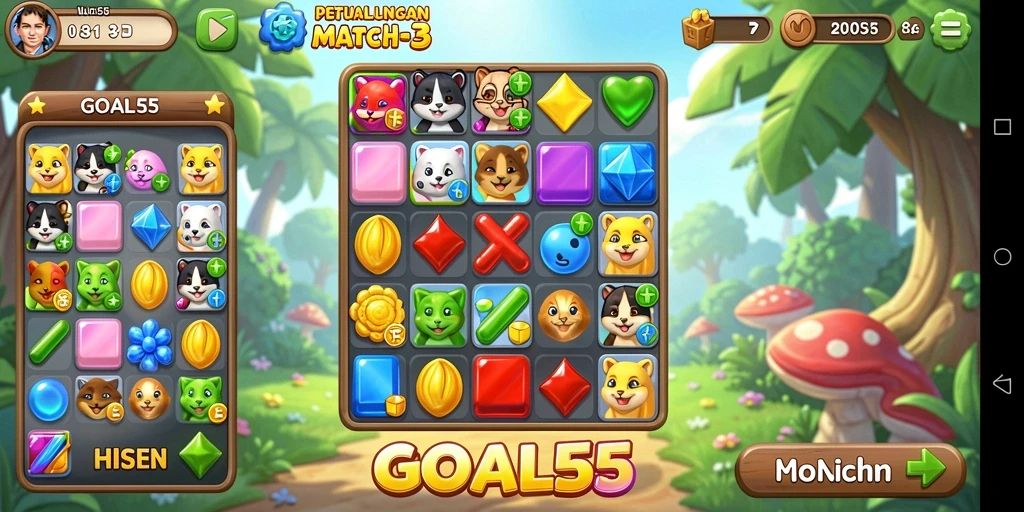 Tampilan menarik dari gameplay seru <strong>Match-3</strong> di GOAL55.