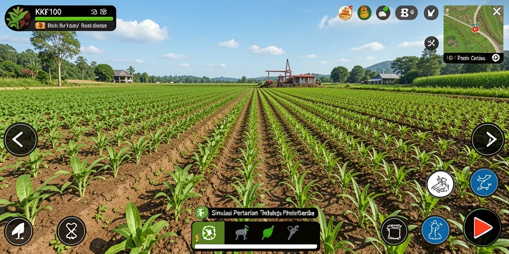 Tangkapan layar menampilkan gameplay KPK100 dengan pemandangan ladang yang subur.