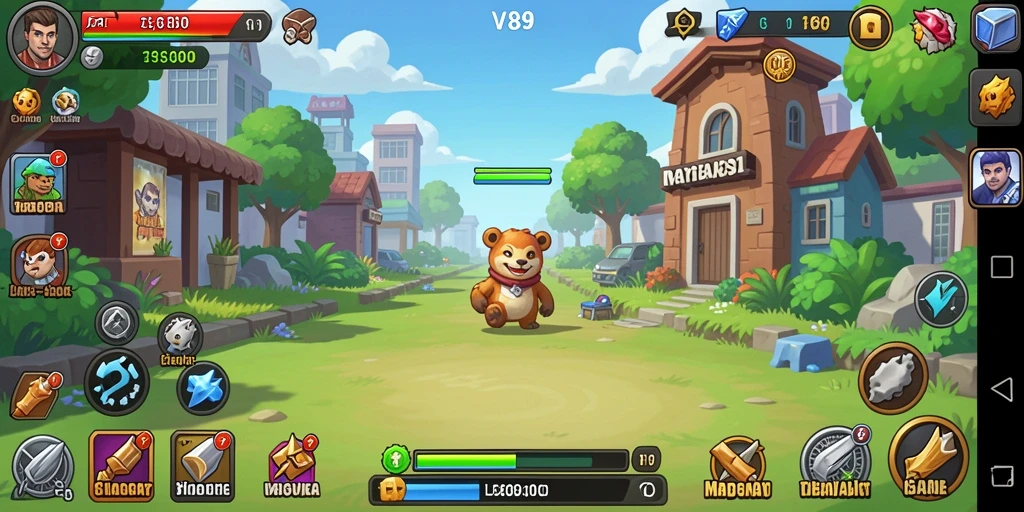 Tampilan gameplay V89 yang menarik dan penuh warna saat mengumpulkan sumber daya Idle.